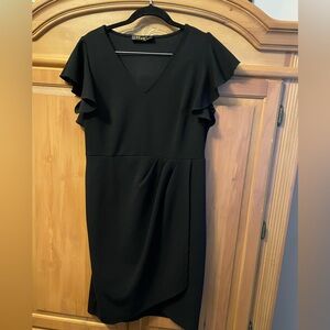 Black iHot  Asymmetrical Sheath Dress with Ruffled Cap Sleeves